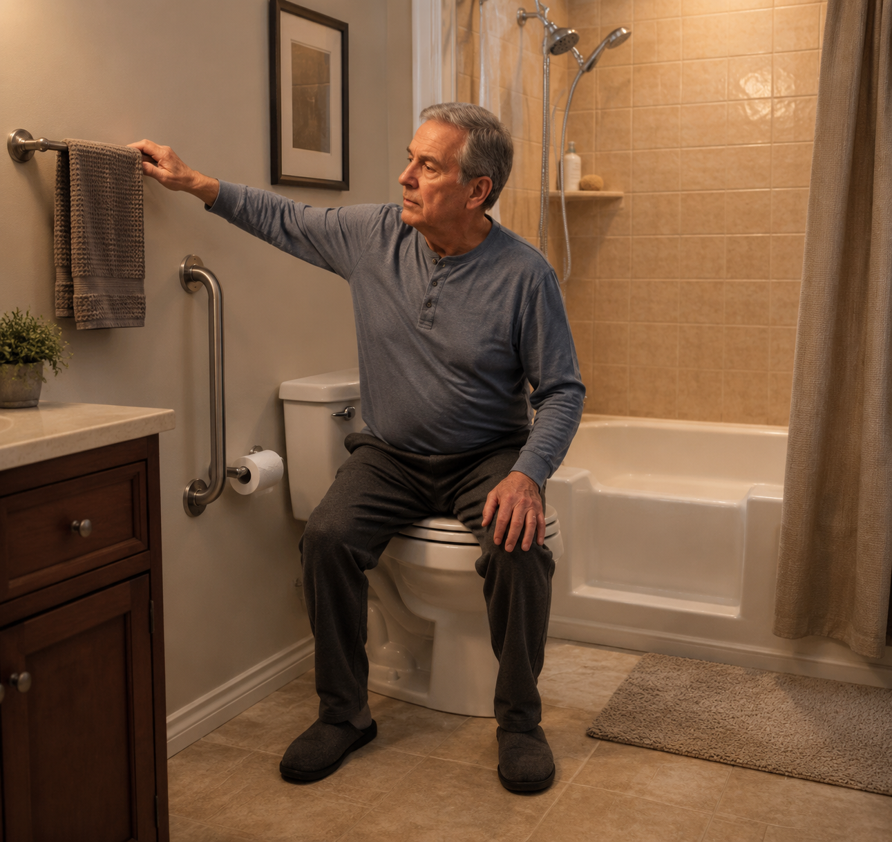 Bathroom showing a person reaching toward a towel bar with a proper grab bar nearby