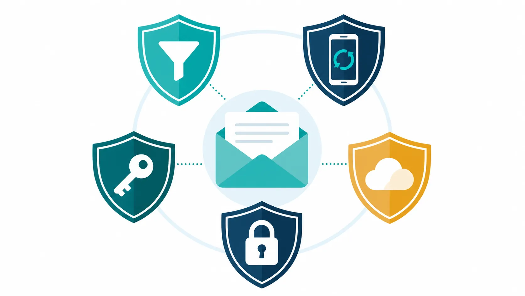 Email inbox protected by spam filters, software updates, multi-factor authentication, backups, and a password manager