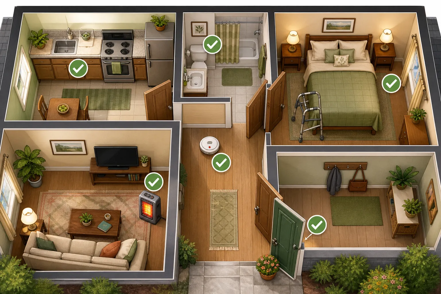 Home interior floor plan with safety check markers in the kitchen, bedroom, living room, and hallways