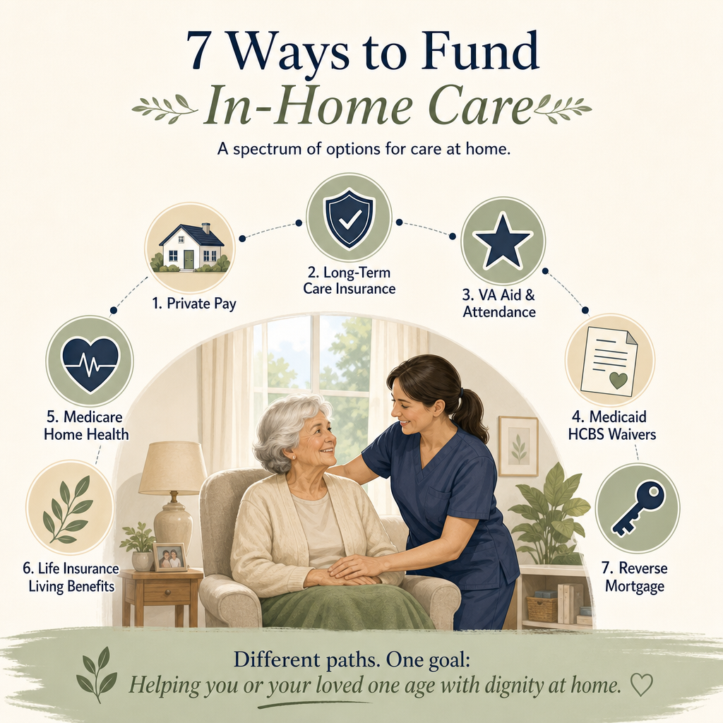 A clean editorial illustration showing seven icons arranged in a semi-circle, each representing a funding source for in-home care: a house, a shield, a star, a document, a heart, a leaf, and a key. A subtle silhouette of an older adult at home appears at the bottom. Warm earth tones of sage green, beige, and muted navy.