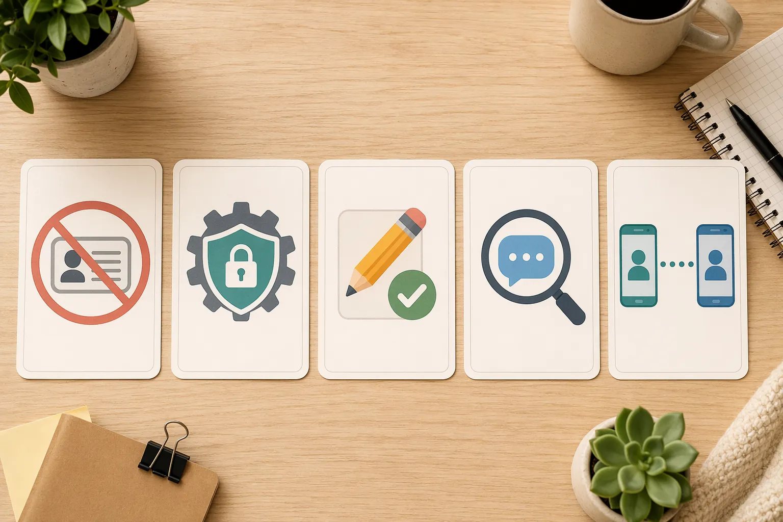 Five illustrated safety habit cards on a wooden desk