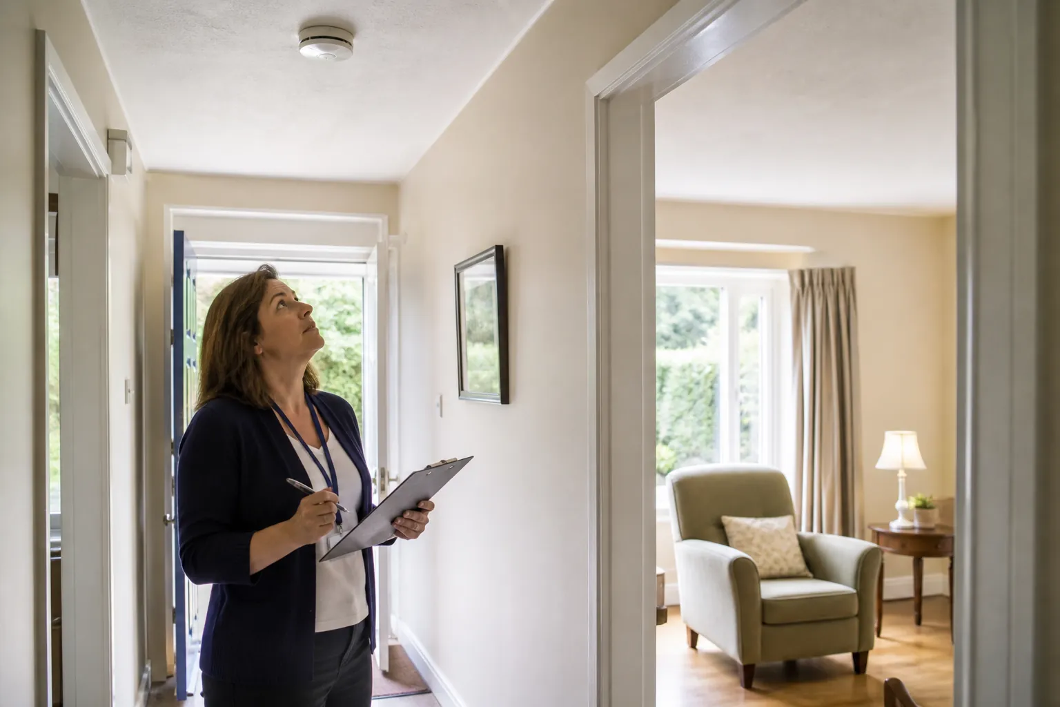 A caregiver with a clipboard checks a hallway smoke alarm near a clear front entry and walking path