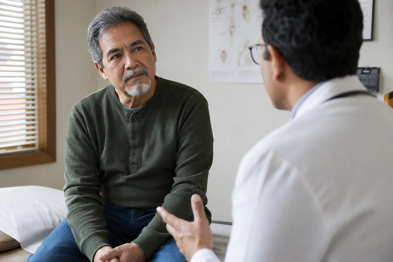Man in his late 50s having a calm conversation with a physician in an exam room