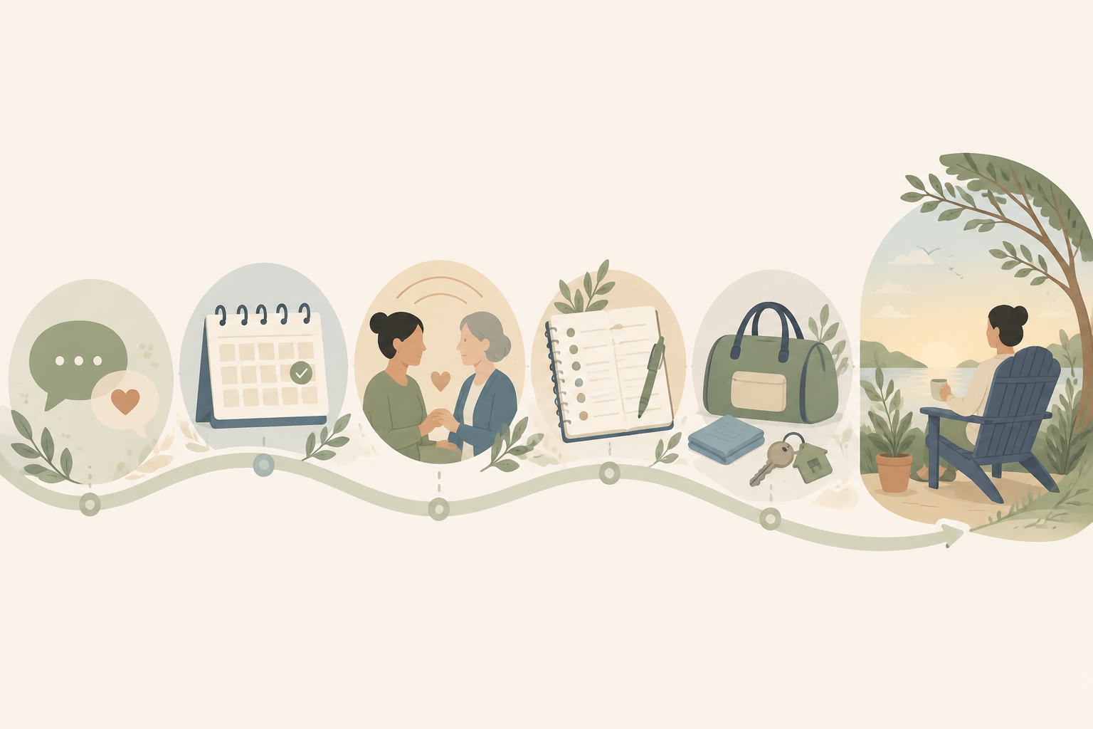 Illustration of a respite preparation pathway from conversation and scheduling to a care notebook, packed bag, and caregiver rest
