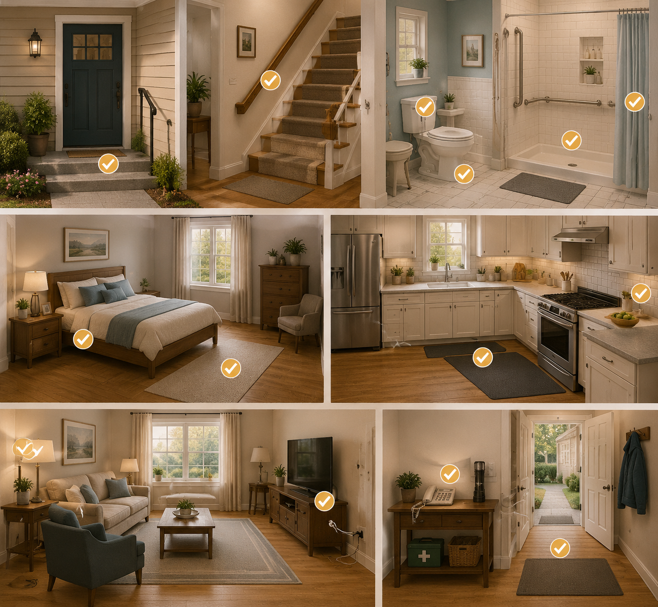 Illustration of home areas reviewed during a safety assessment including entryway, stairs, bathroom, bedroom, kitchen, lighting, and emergency supplies