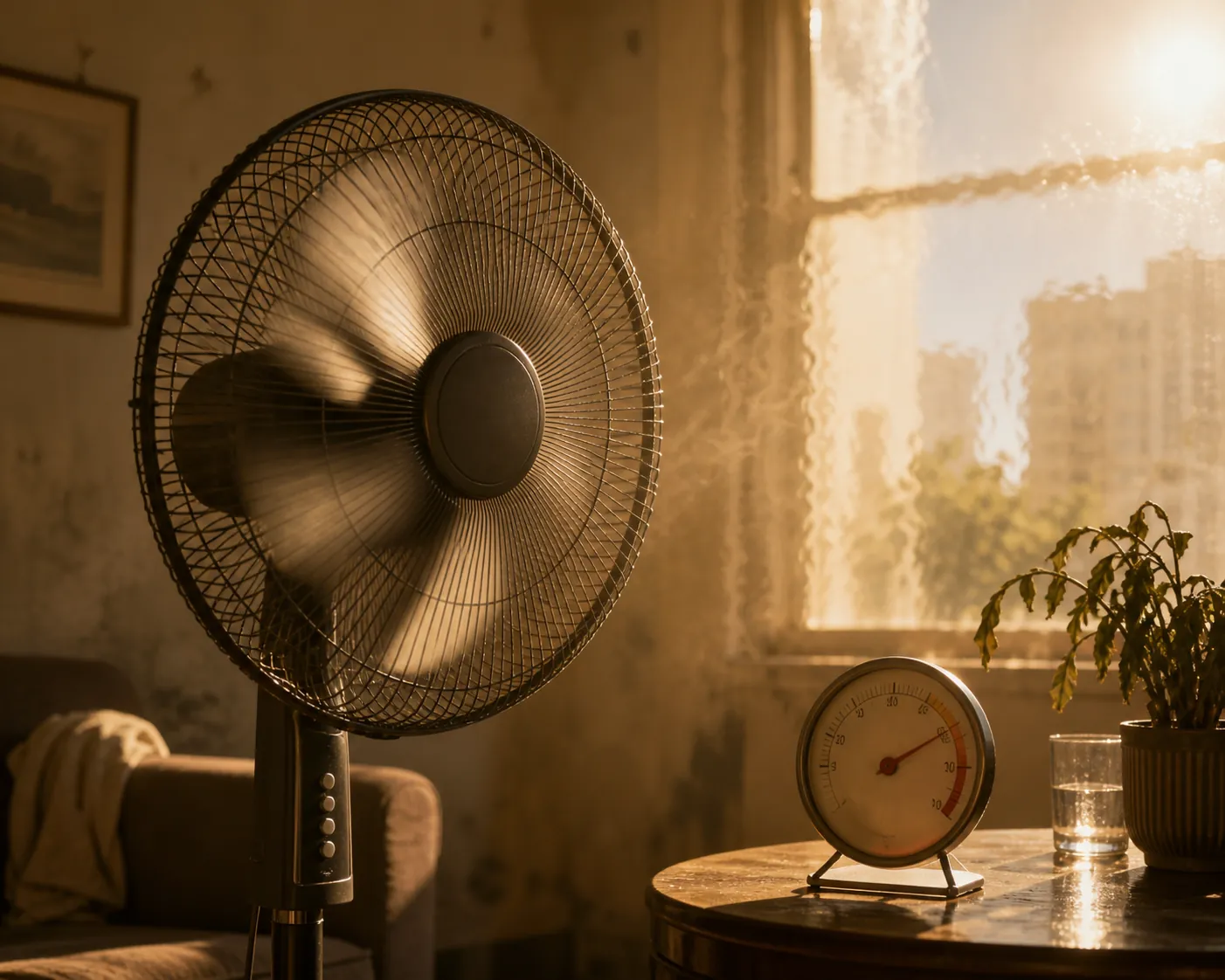Pedestal fan running in a very hot sunlit room with a room thermometer nearby