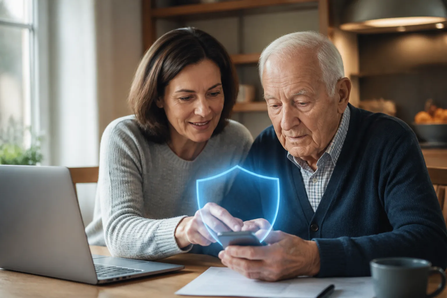 Adult daughter helping her elderly father use a smartphone at a kitchen table with a soft protective shield above the phone