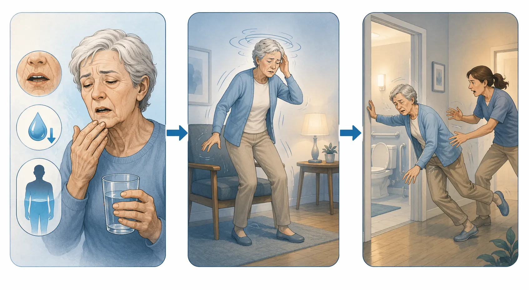 Illustration showing dehydration leading to dizziness and loss of balance near a bathroom doorway