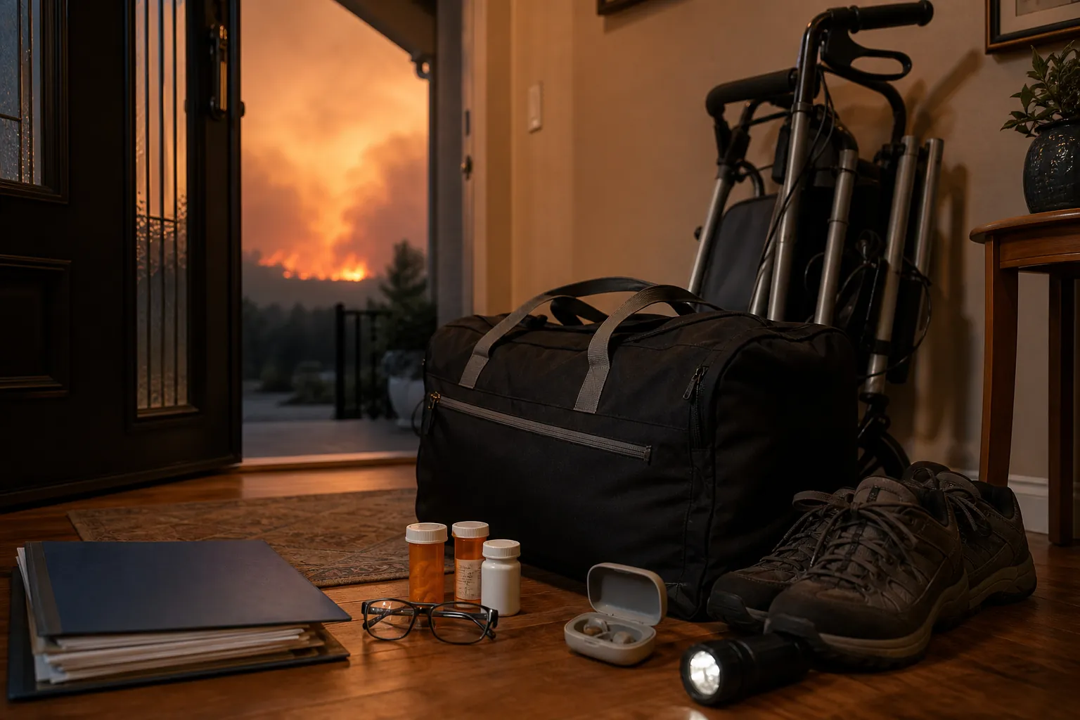 Senior-specific evacuation kit staged by a front door with a go-bag, walking shoes, flashlight, medications, glasses, hearing aid case, rollator walker, and document folder