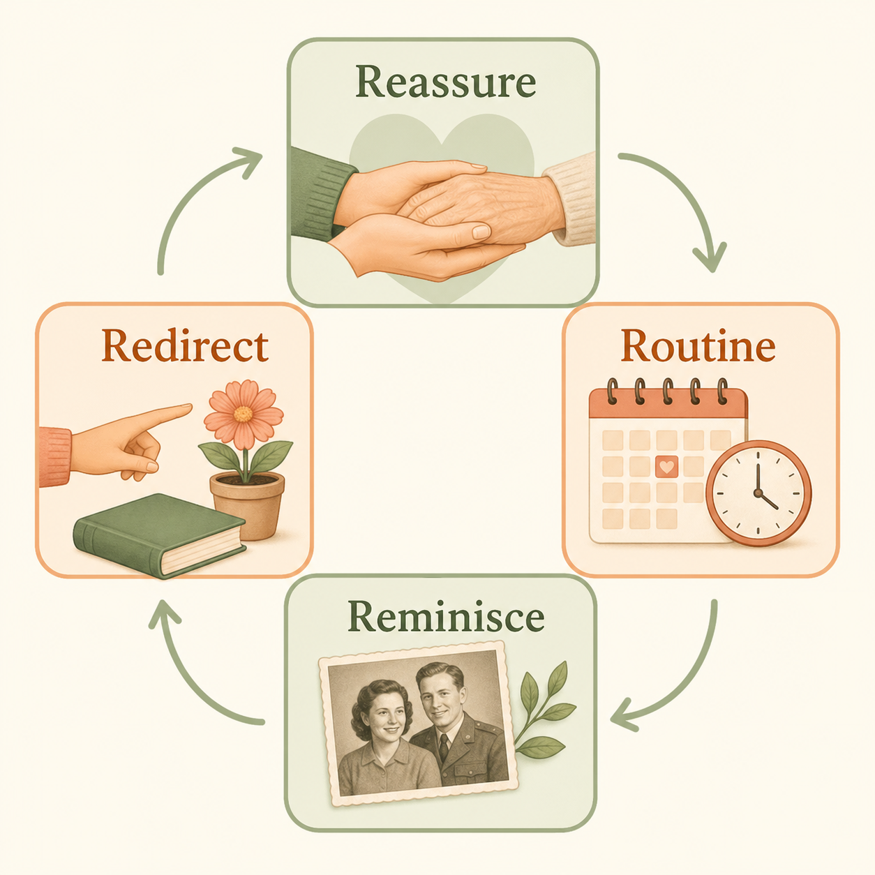 An editorial visual showing the Four R's framework for dementia care with four rounded panels arranged in a clockwise flow: Reassure, Routine, Reminisce, and Redirect.