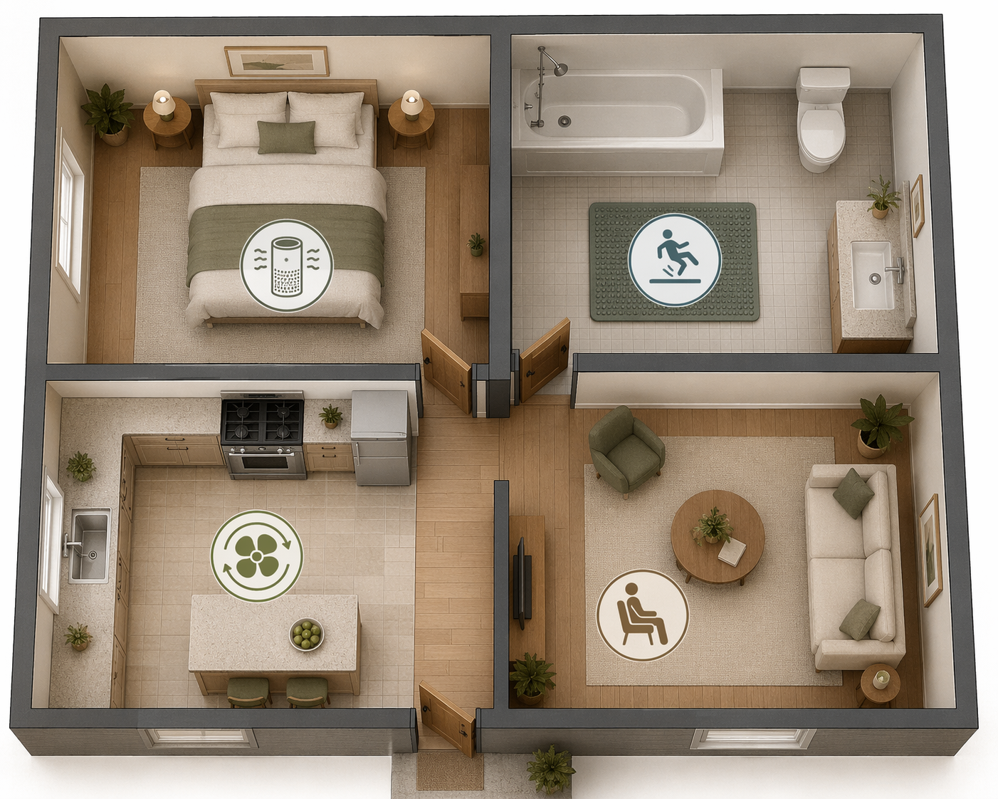 Floorplan of a home with safety icons for bedroom, bathroom, kitchen, and living room