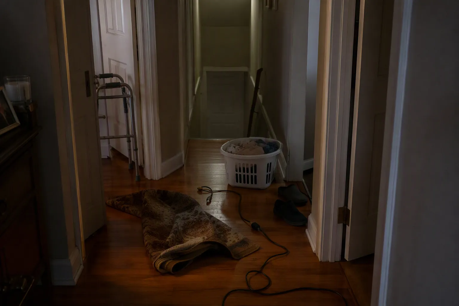 Dim hallway with laundry basket, turned rug edge, extension cord, loose slippers, and a walker parked behind a door on the route to a basement shelter