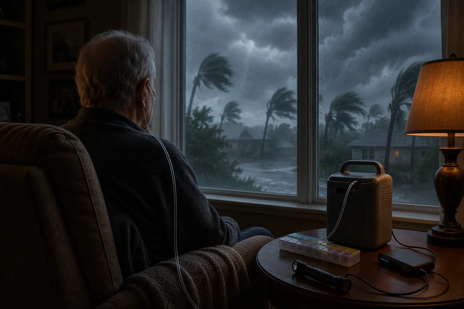 Older adult preparing for a hurricane with medication, oxygen equipment, flashlight, and power bank within reach