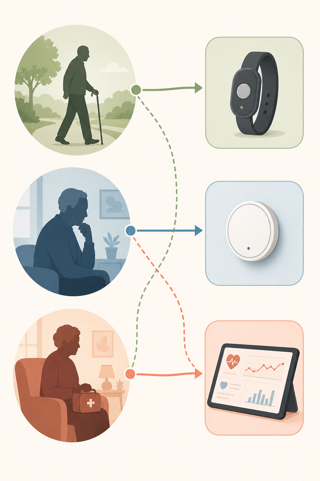 A decision flowchart illustration with three abstract senior silhouettes on the left representing different care scenarios, connected by soft arrows to three technology category icons on the right: a wearable pendant, a wall sensor disc, and a tablet with a health graph.