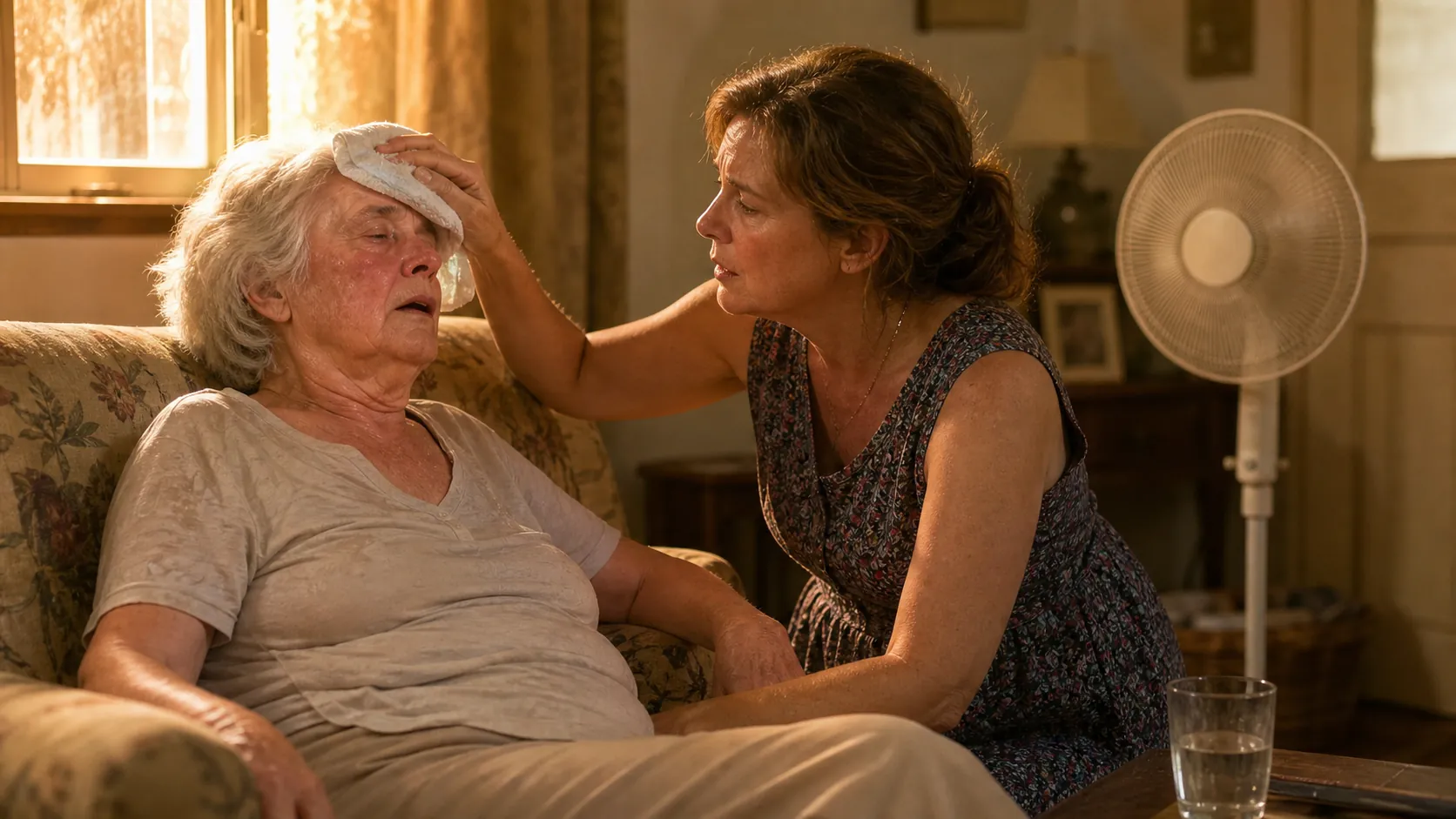 Older woman slumped and dazed on a sofa in a hot living room while her daughter cools her with a damp cloth