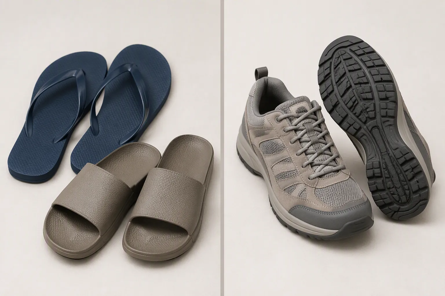 Comparison of flip-flops and loose slide sandals with closed-toe non-slip walking shoes