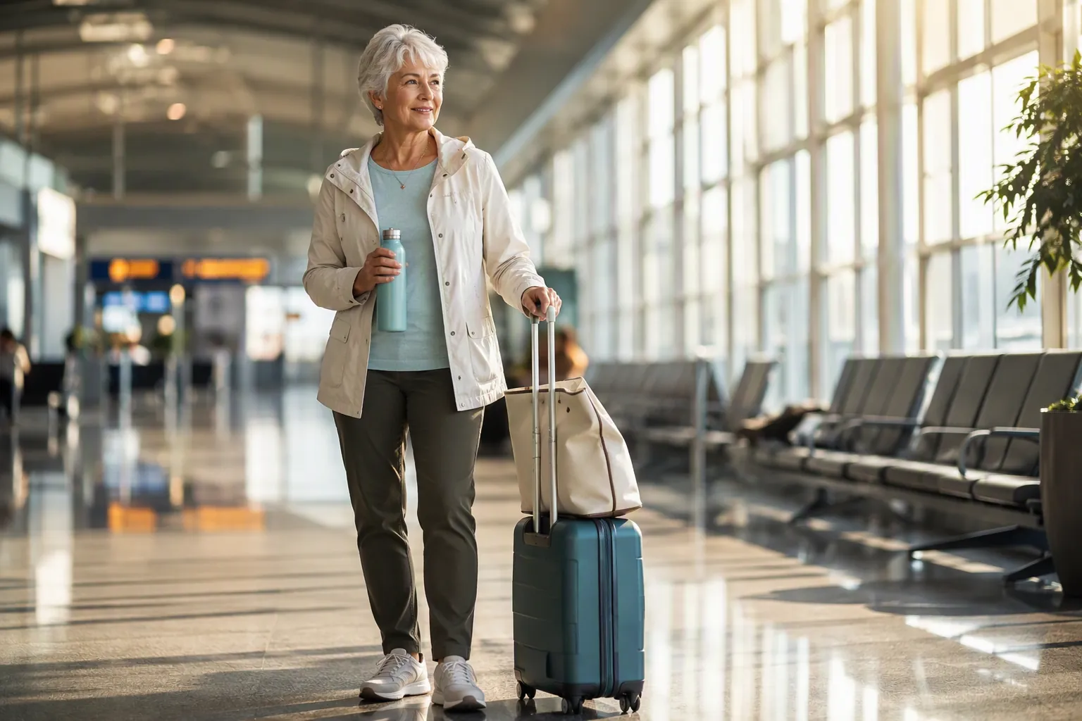 Older woman in an airport terminal with carry-on suitcase, water bottle, and comfortable walking shoes