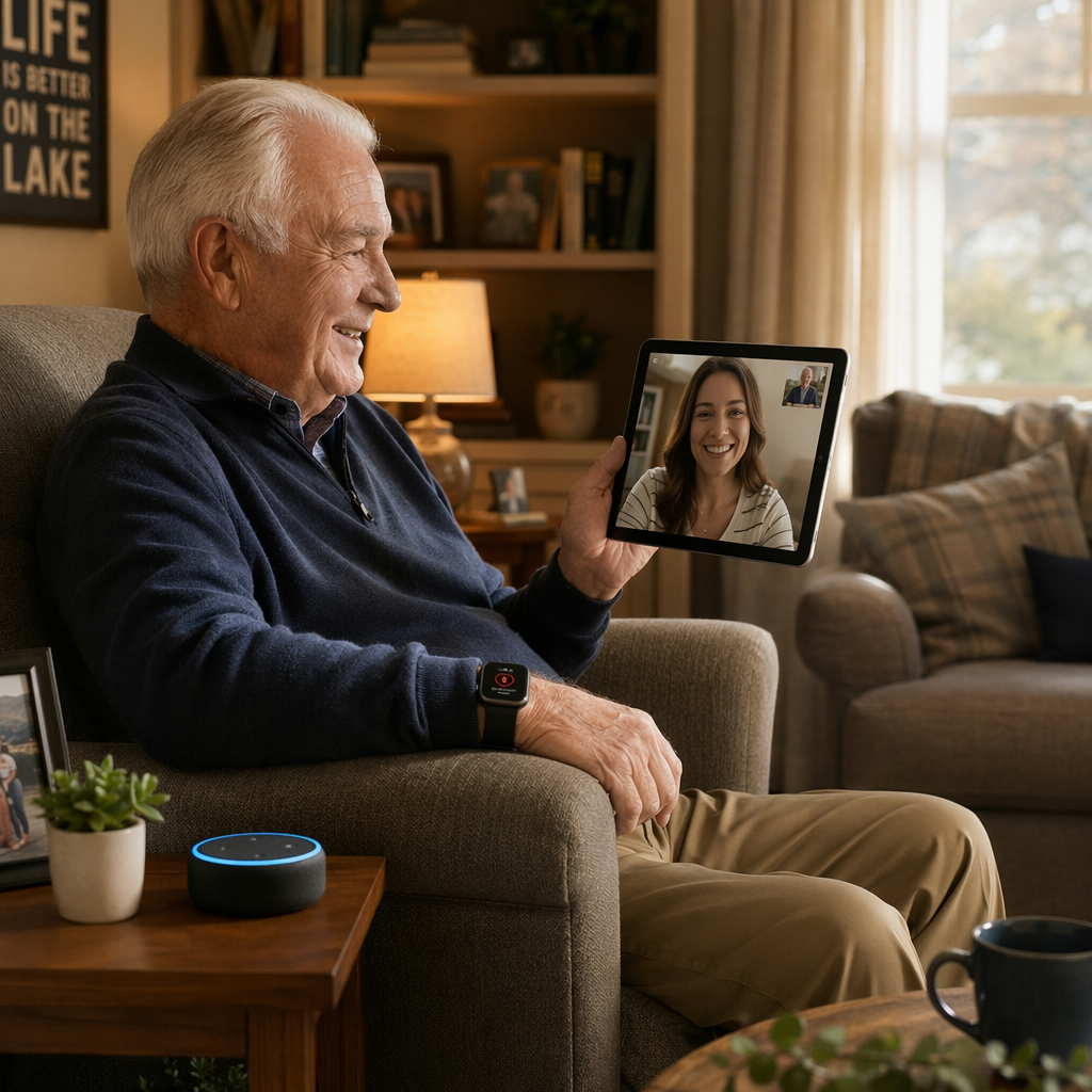 An older adult man sitting comfortably in an armchair at home wearing a modern smartwatch on his wrist, with a voice assistant smart speaker on a side table nearby. He is smiling while on a video call with family shown on a tablet.