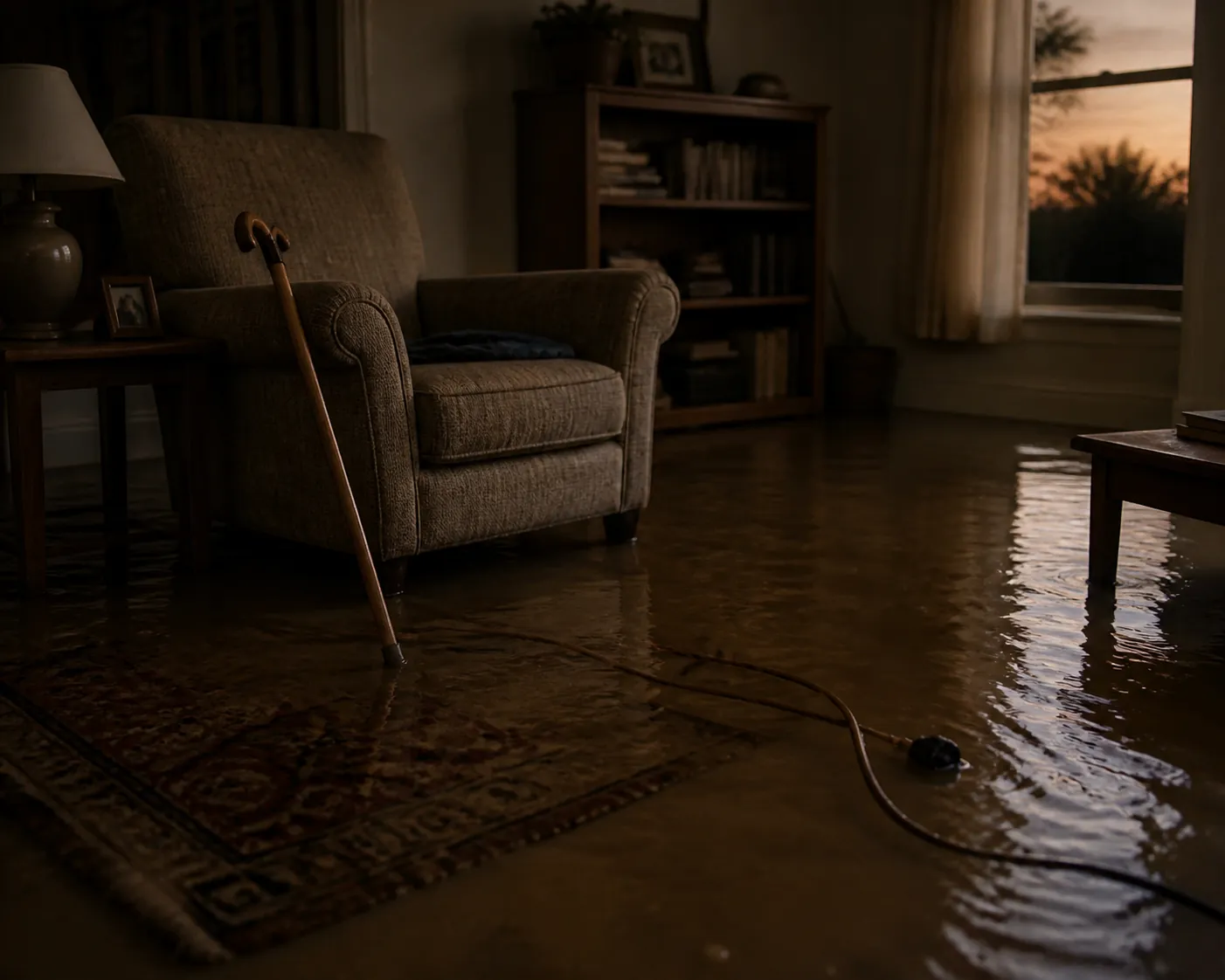 Flooded living room with a cane, submerged rug, and power cord showing flood and fall hazards for older adults