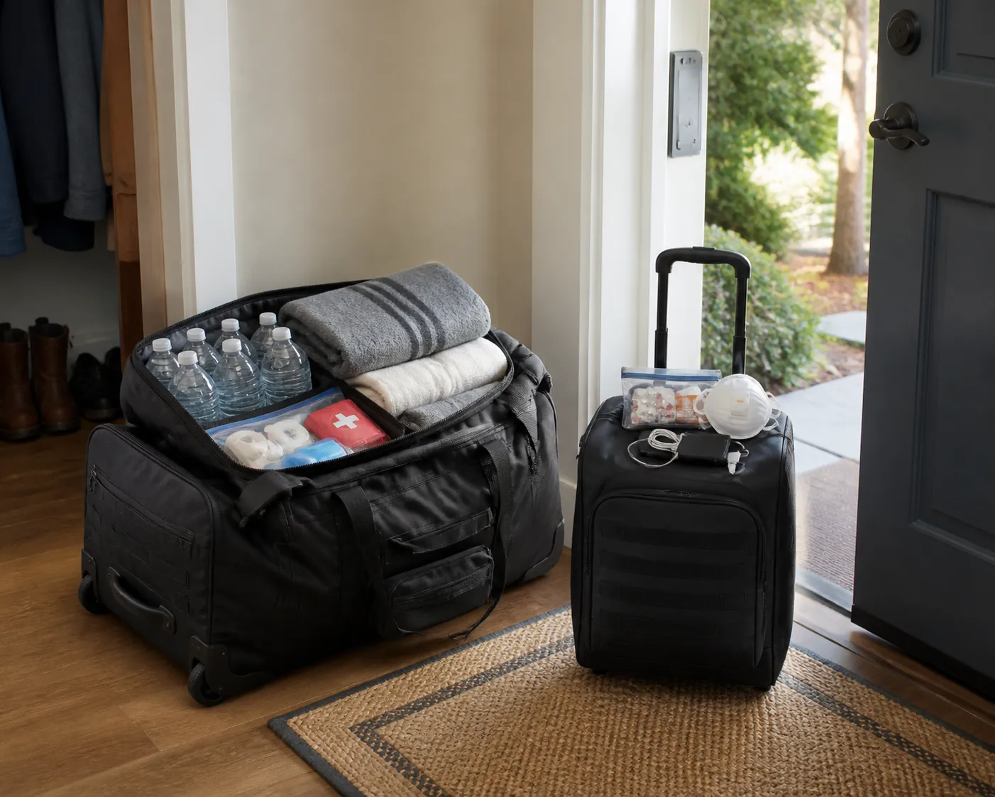 Two emergency kits by a home entrance, including a larger wheeled duffel and compact wheeled go-bag with charger, mask, and medication pouch