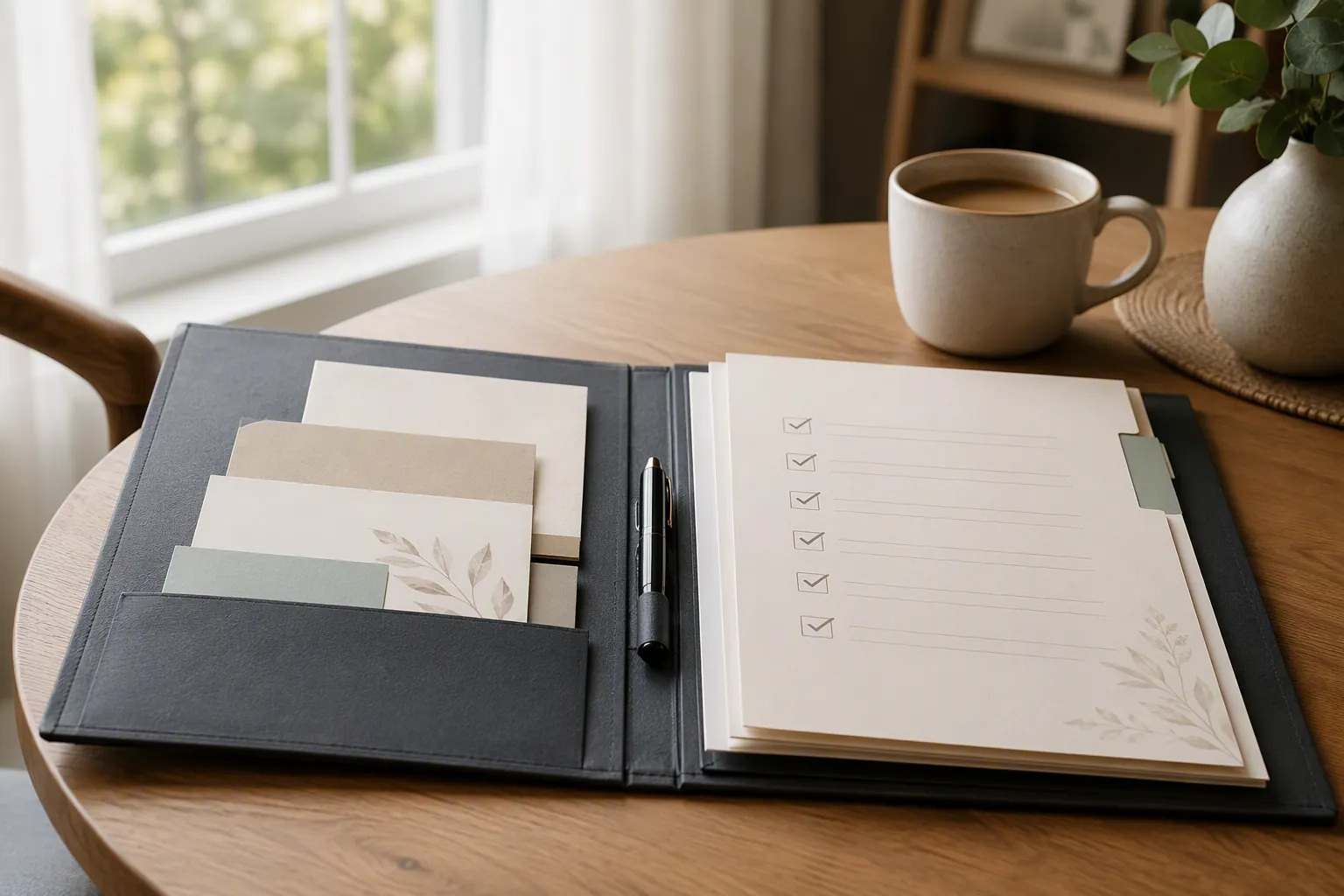 Organized funeral planning documents and a checklist on a wooden table