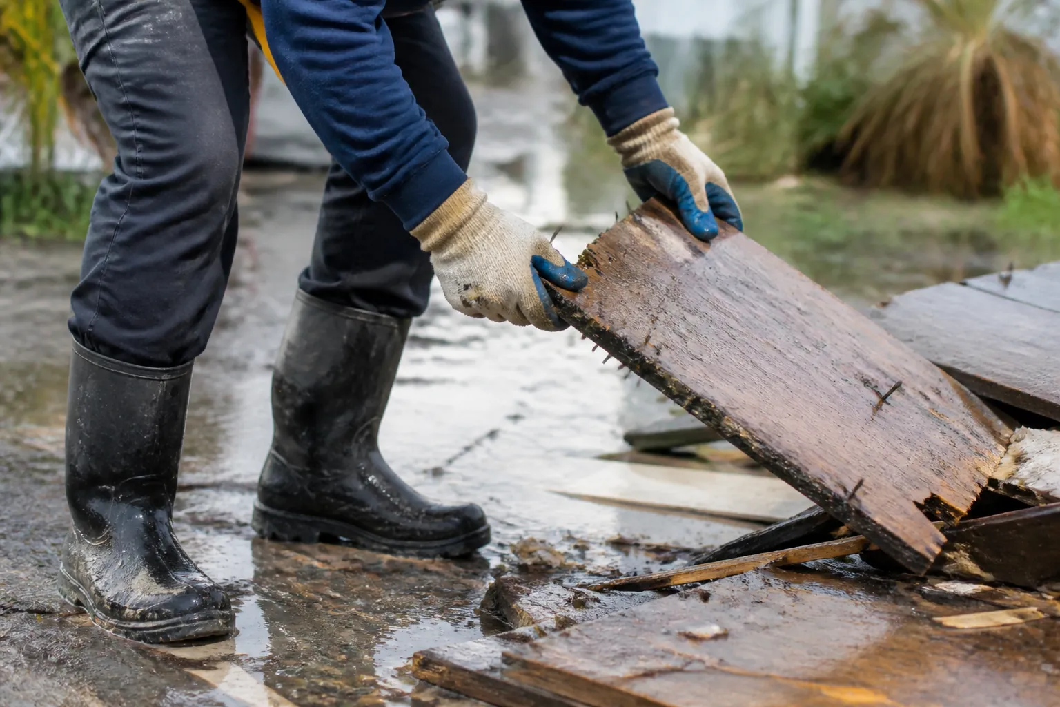 Person wearing thick gloves, long sleeves, and hard-soled waterproof boots lifting wet plywood with exposed nails beside standing water after a storm