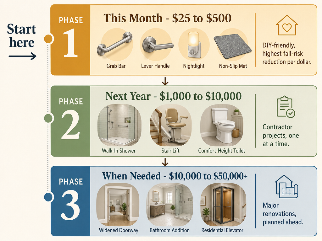 Editorial illustration showing a three-tier phased planning strategy: Phase 1 (this month, $25–$500), Phase 2 (next year, $1,000–$10,000), Phase 3 (when needed, $10,000–$50,000+).