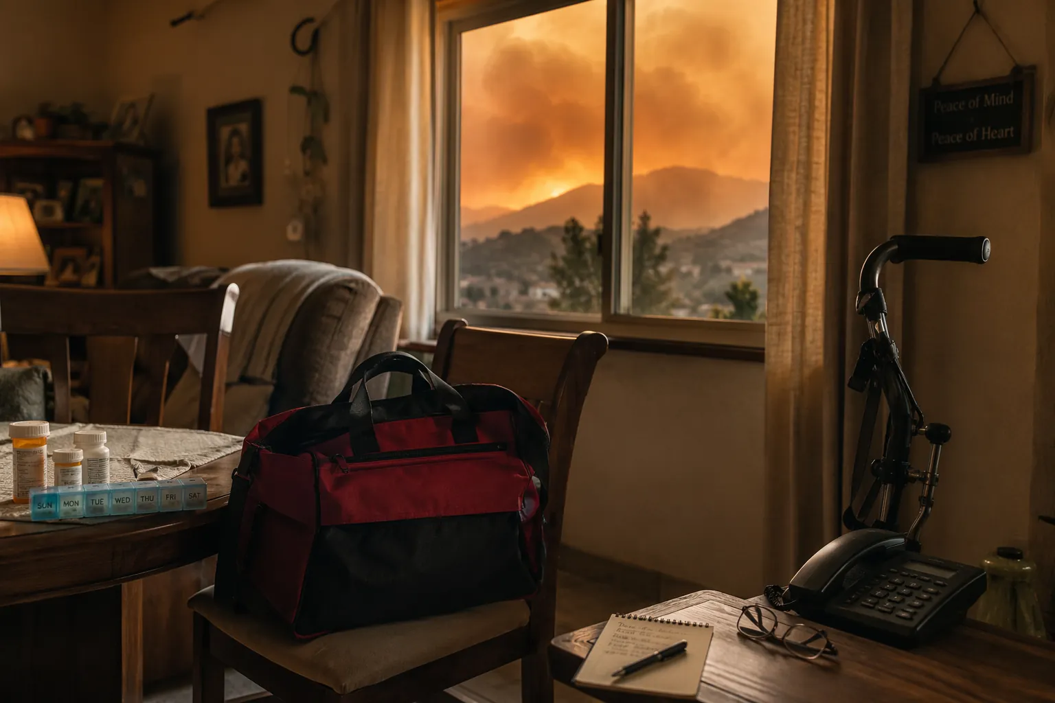 Senior living room prepared for early wildfire evacuation with a go-bag, medications, walker, phone, and smoky orange sky outside