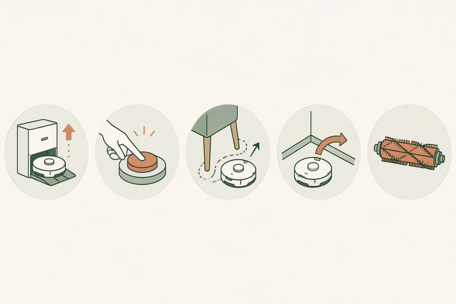 Five accessibility feature icons for robot vacuums: dock, button, obstacle avoidance, recovery, and roller brush