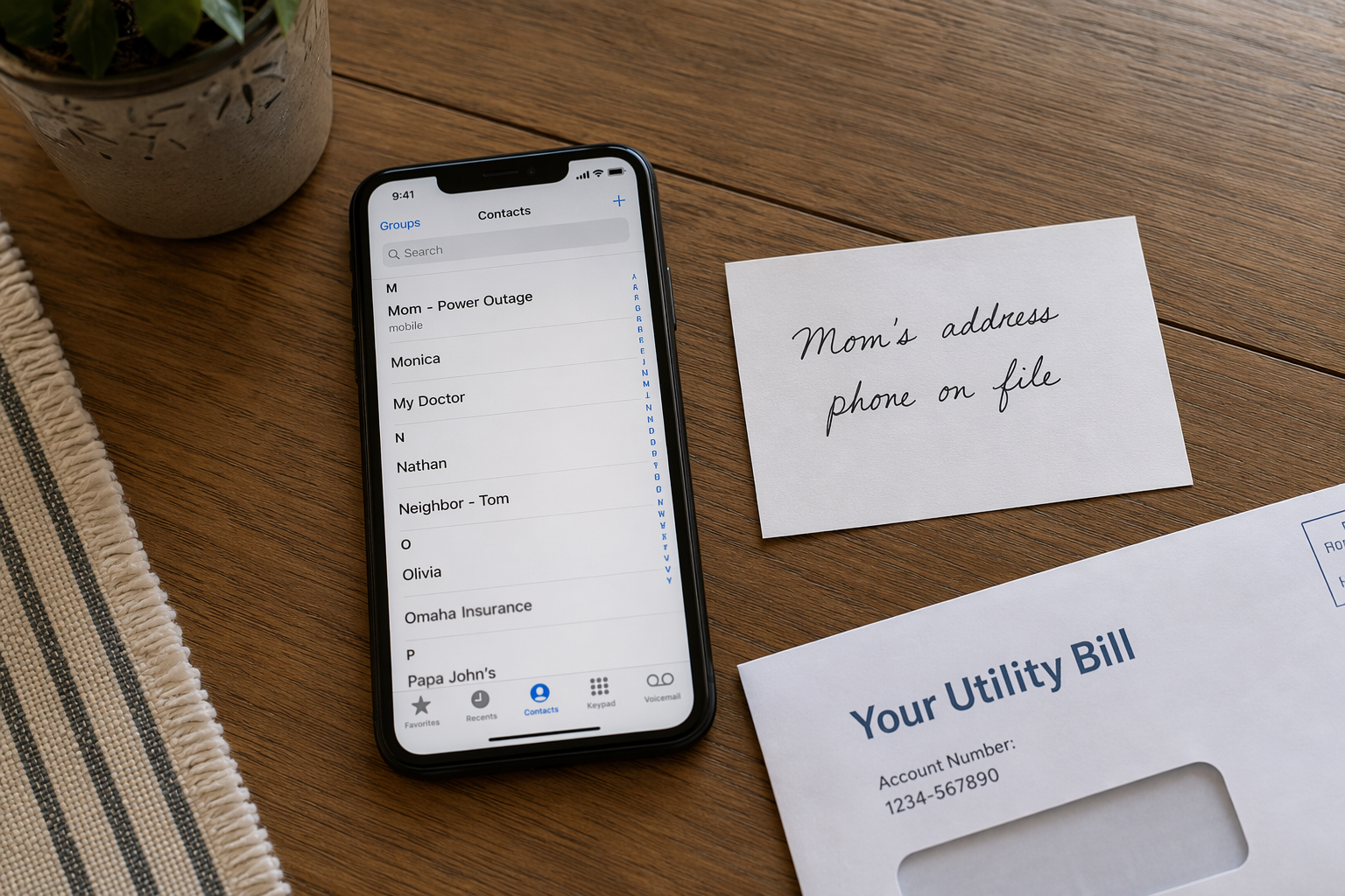 A phone contact saved as Mom - Power Outage beside a note with an address and phone number on file