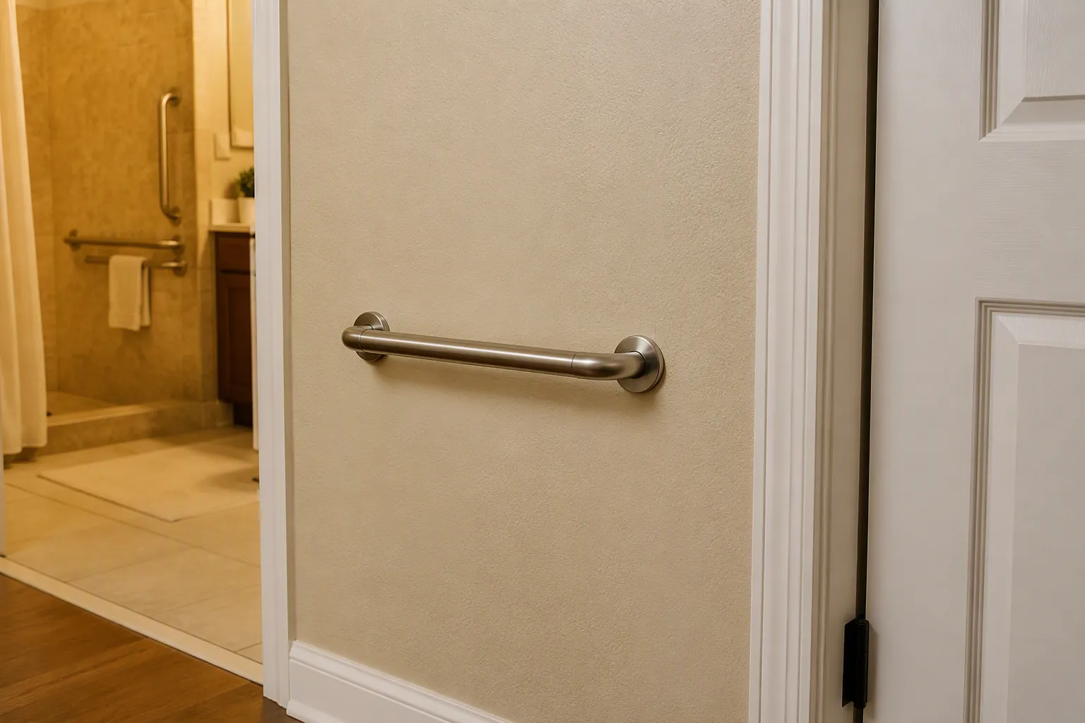 Grab bar mounted near a doorway at a practical transition point
