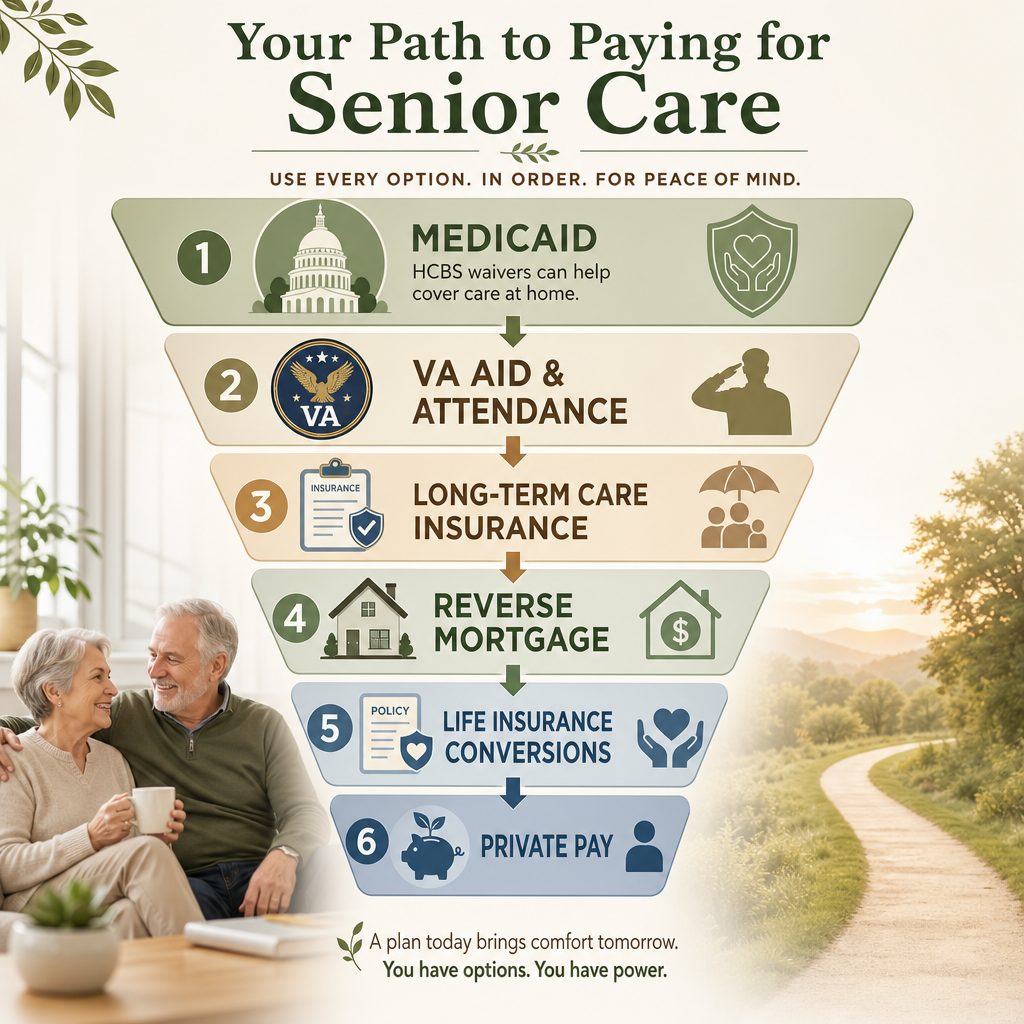 A priority ladder illustration showing senior care payment options in order from Medicaid at the top to Private Pay at the bottom.