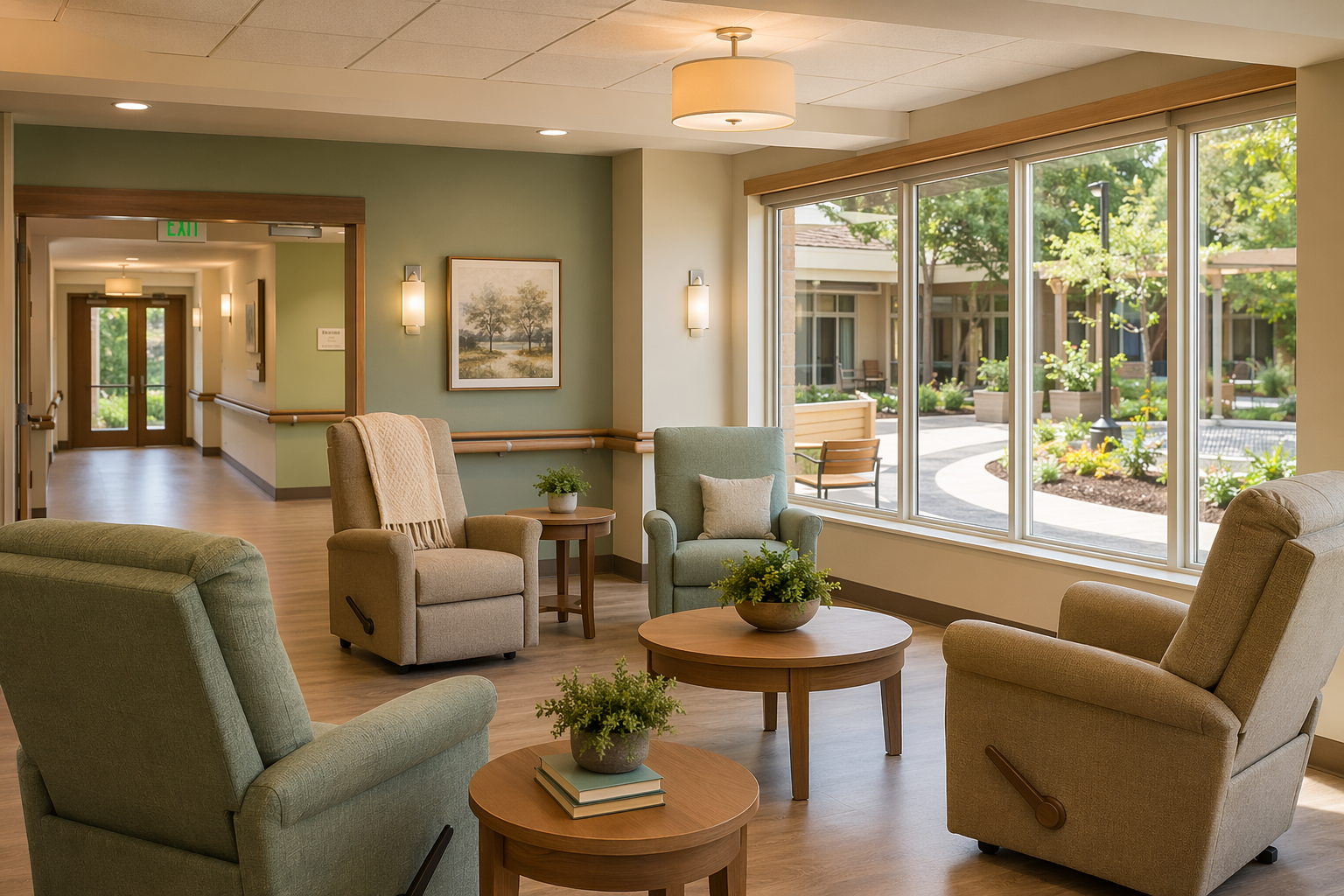 Modern geriatric psychiatric hospital common area with handrails, lift chairs, slip-resistant flooring, and secure courtyard views