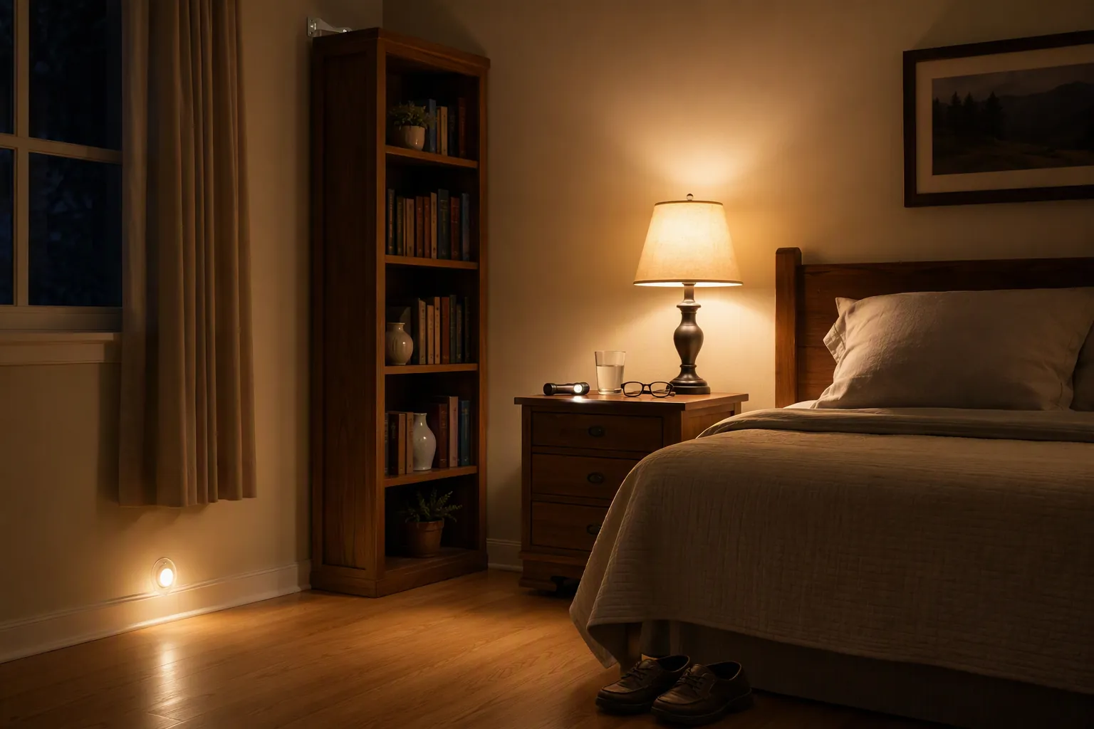 Senior bedroom with anchored bookcase, bedside flashlight, glasses, sturdy shoes, clear floor path, and nightlight