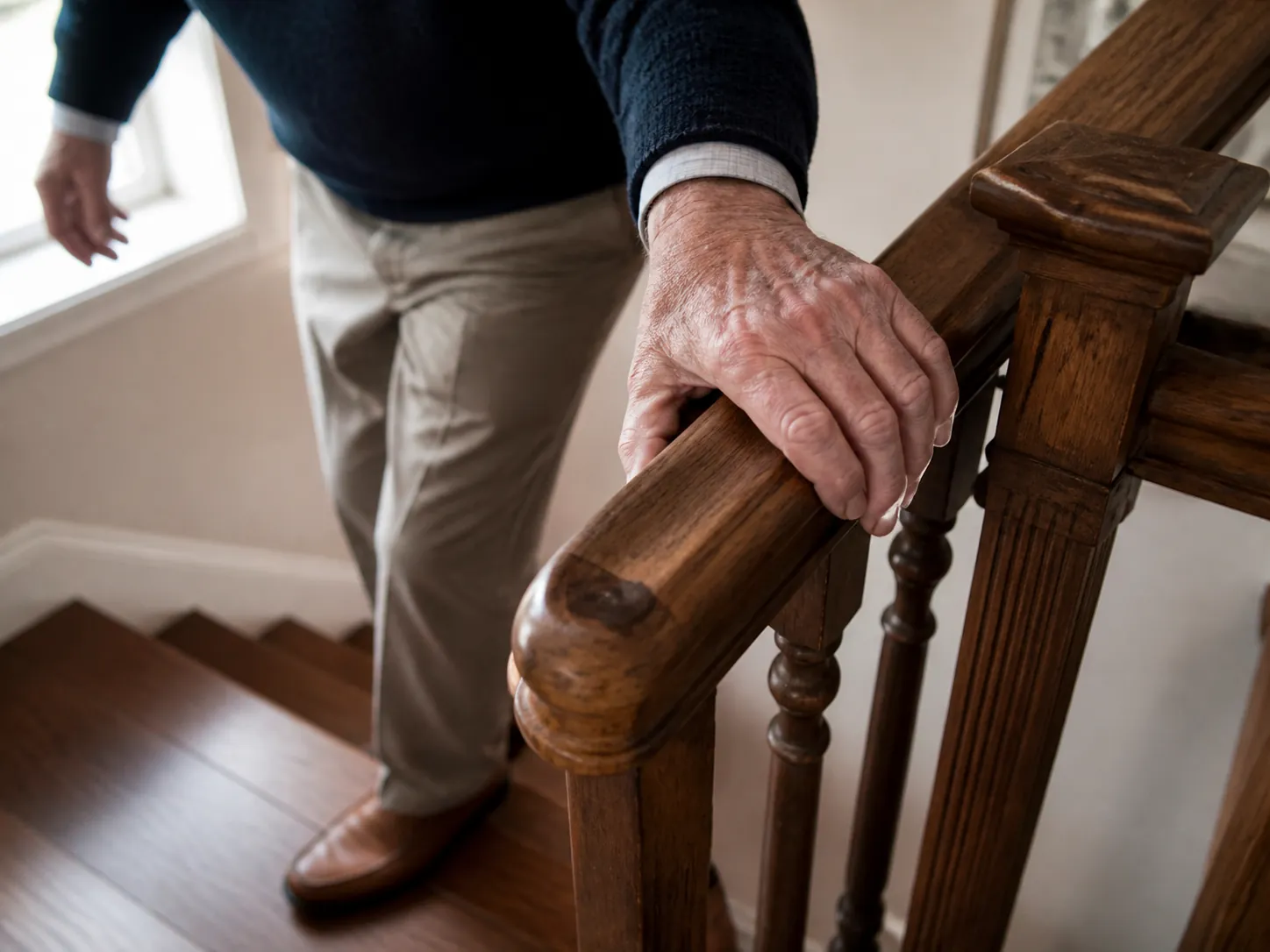 Older man gripping a wooden stair railing while carefully descending a step at home