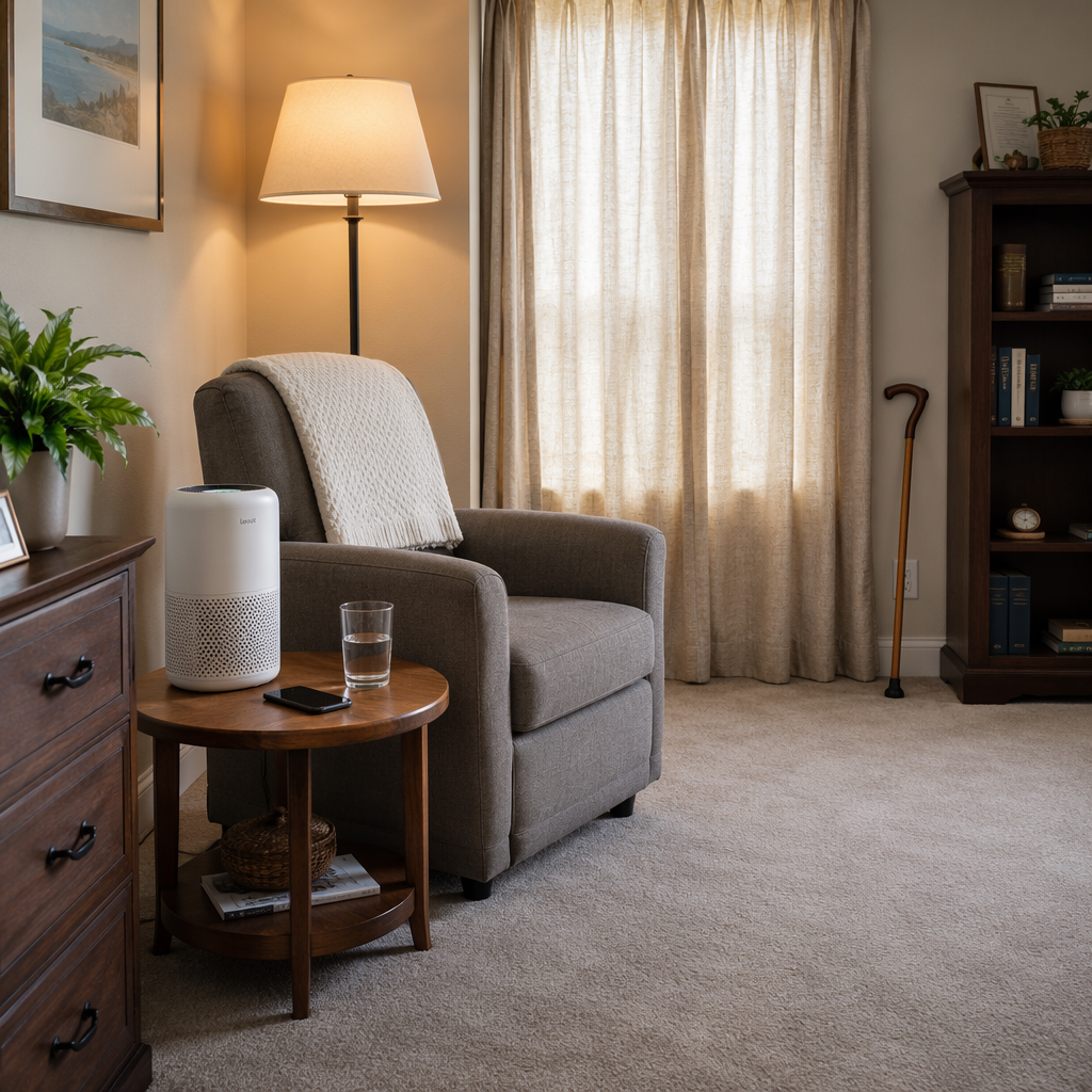 Prepared clean indoor room with air purifier, water, phone, lighting, clear walking paths, and cane