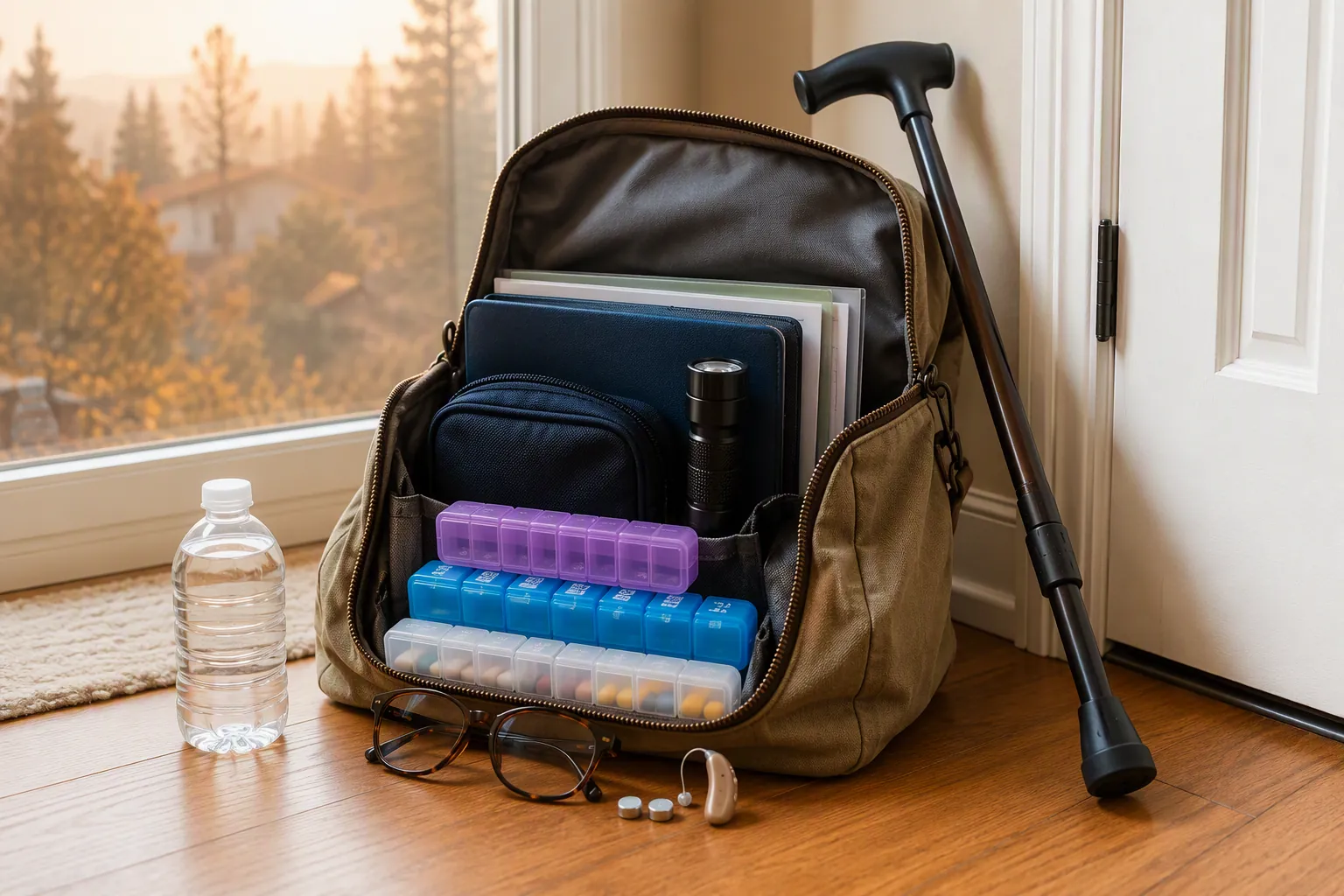 Open emergency go-bag with medications, eyeglasses, hearing aid batteries, medical documents, flashlight, and cane near a home entryway