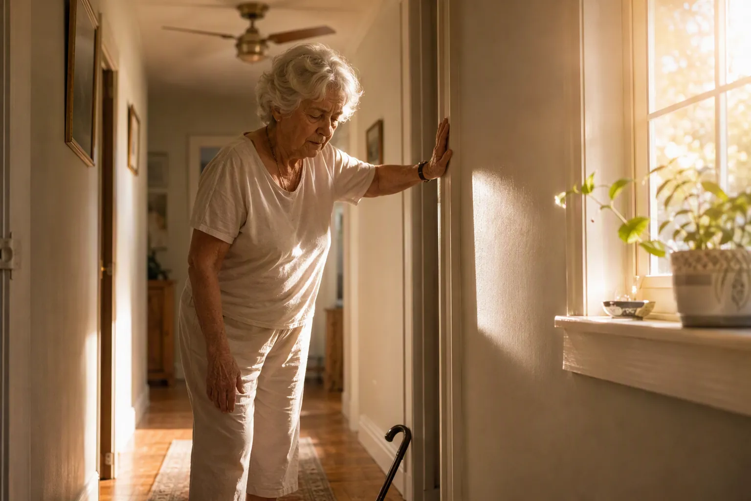 Older woman bracing herself in a hot sunlit hallway with a cane nearby