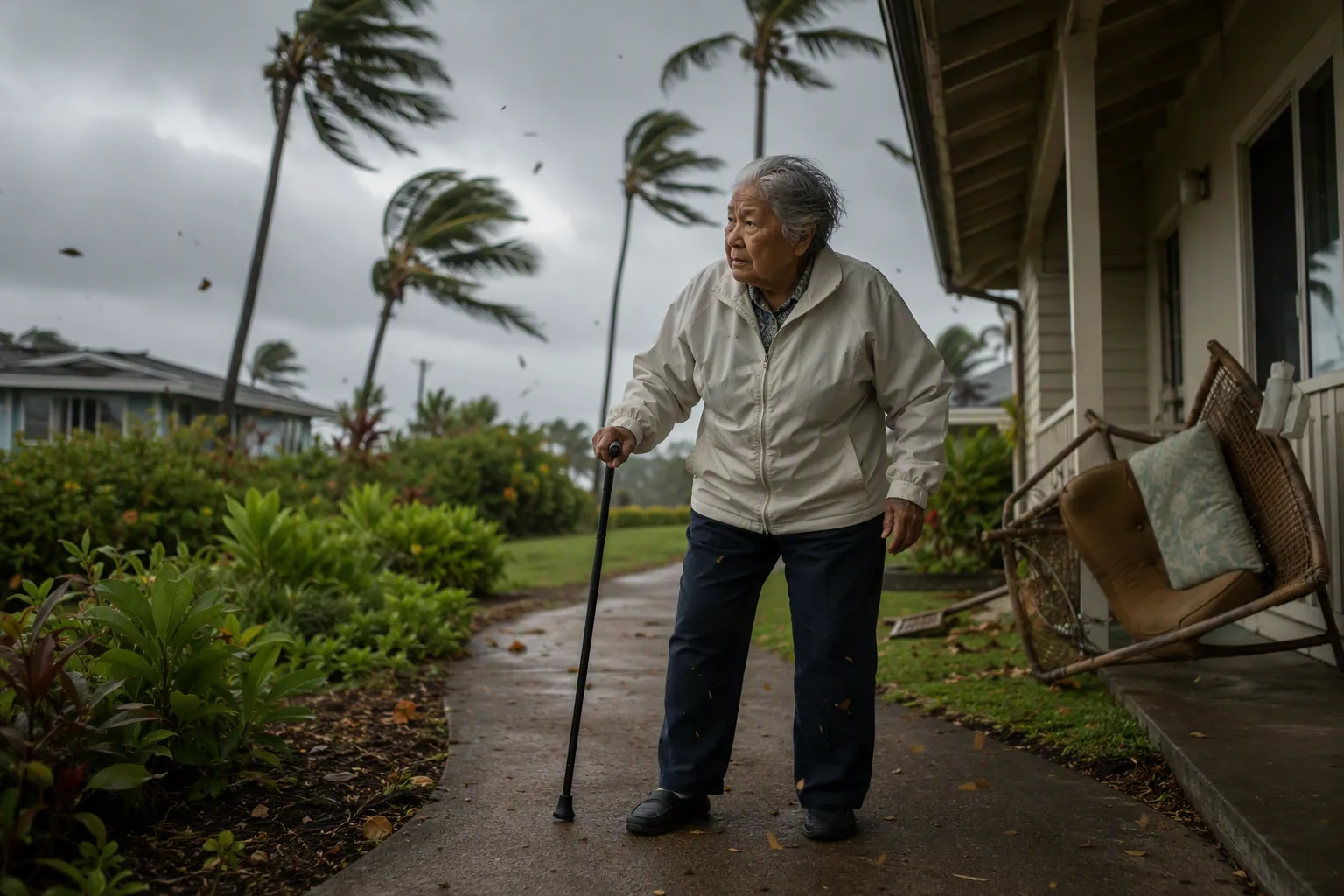Older adult with a cane bracing against strong wind on a Hawaii residential walkway