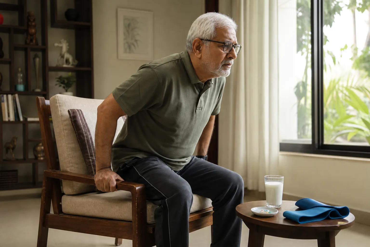 Senior man standing from a chair beside milk, capsules, and a resistance band
