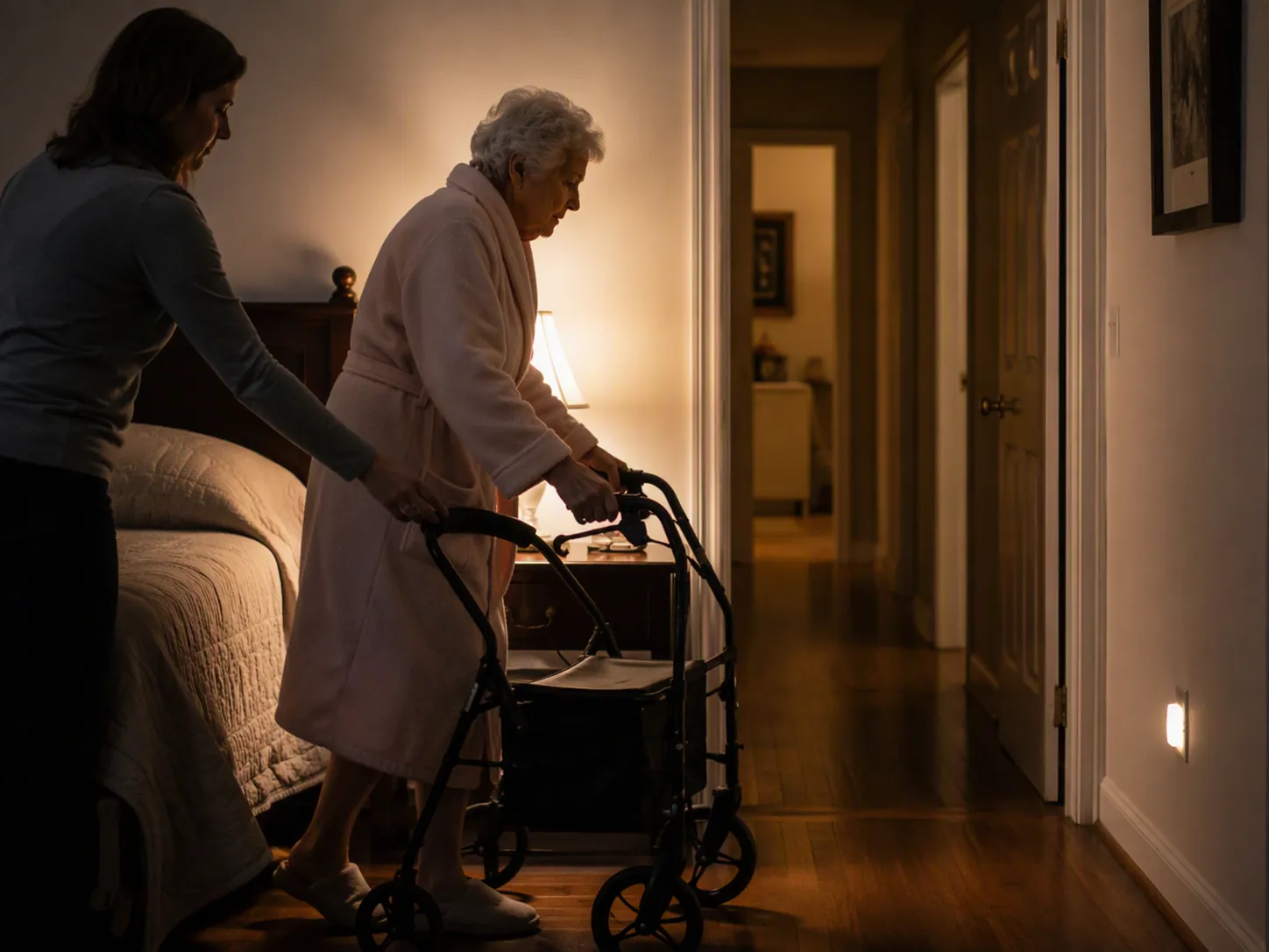 Elderly woman using a rollator walker beside her bed at night with a clear lit path