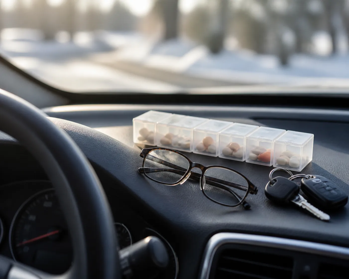 Pill organizer, reading glasses, and car keys on a dashboard in winter light
