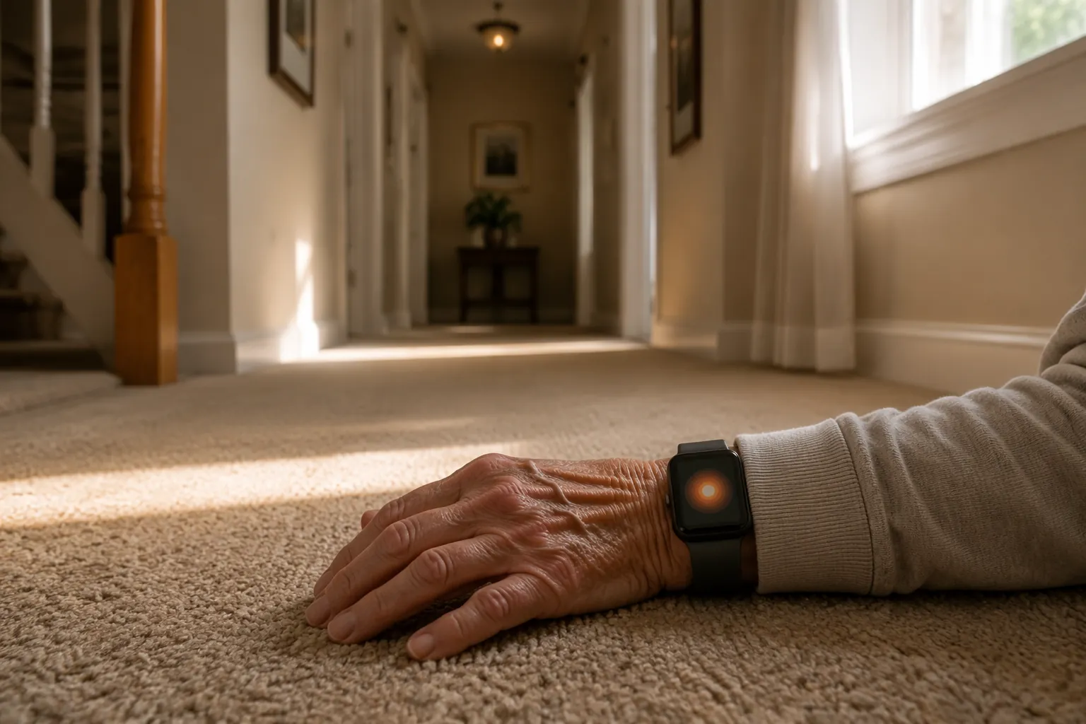 Older adult's hand on a carpeted floor with a smartwatch glowing after a fall