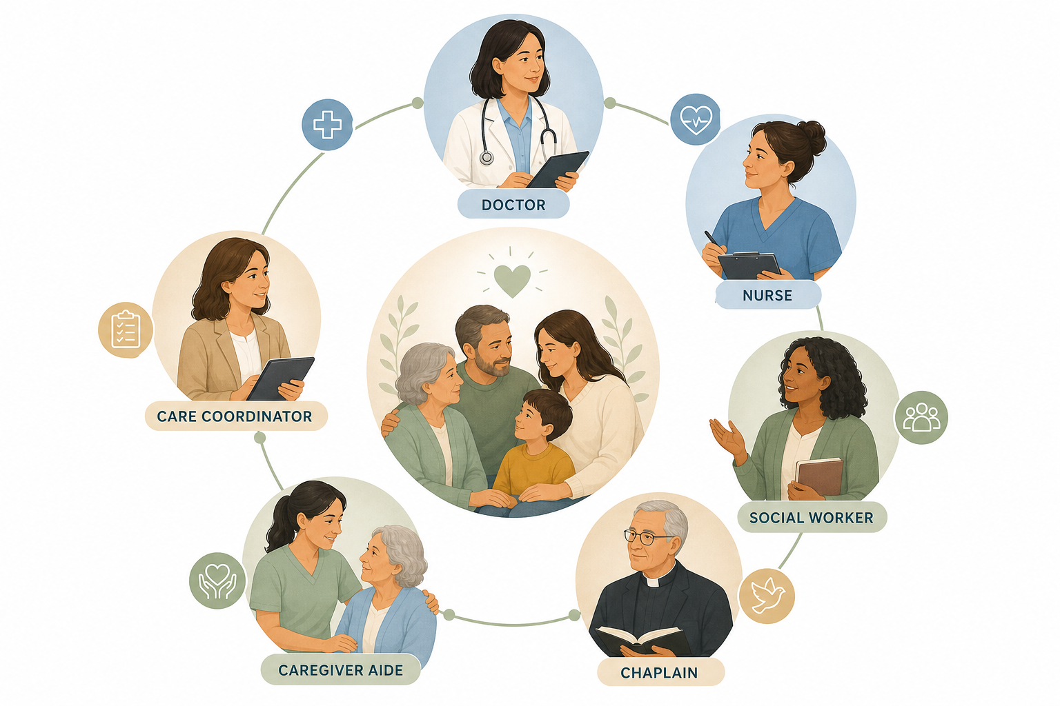 A circular editorial illustration showing seven professional role icons connected by soft lines, representing the hospice interdisciplinary care team with a patient-family icon at the center.