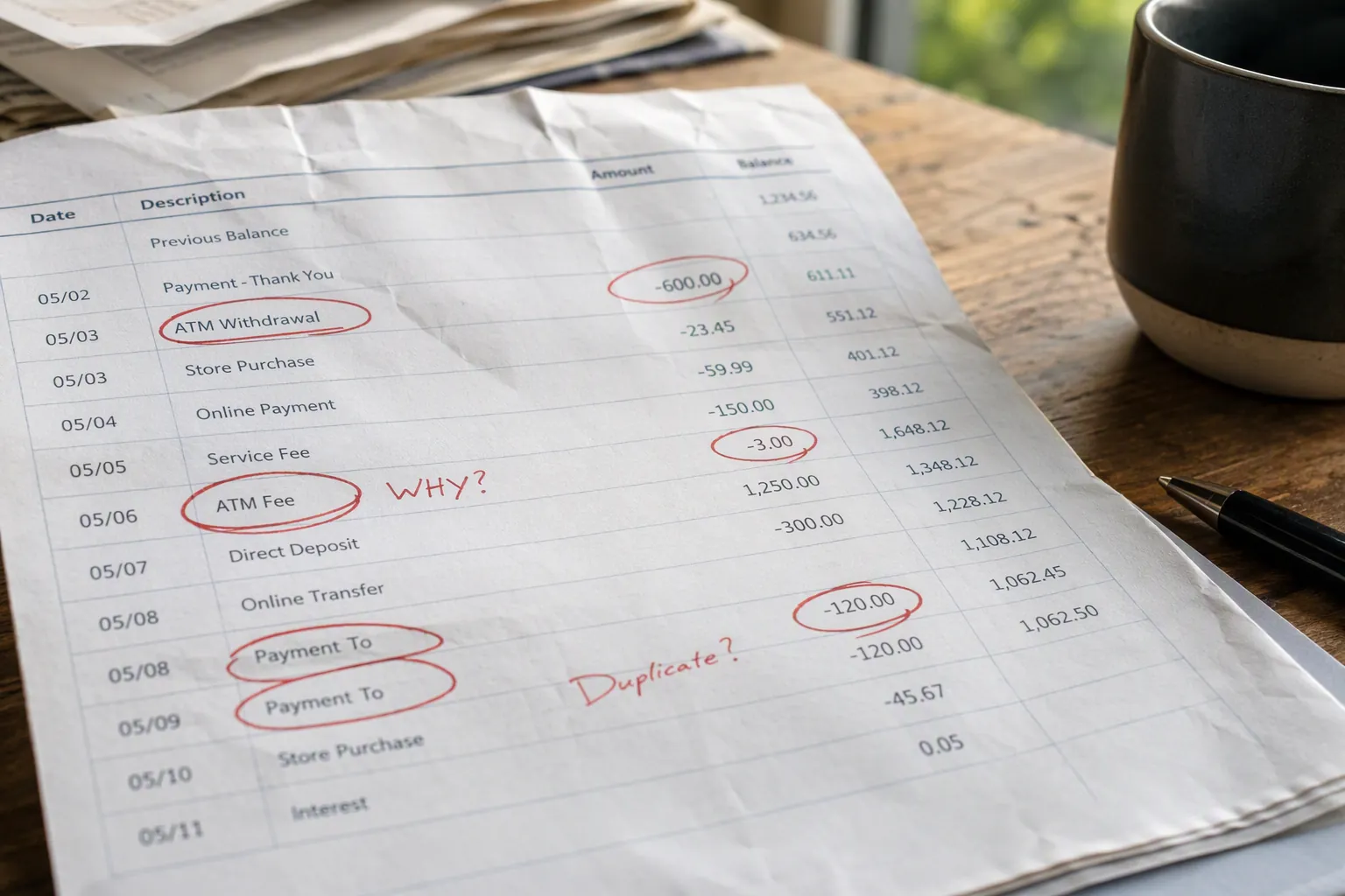 Bank statement with suspicious transactions circled in red pen