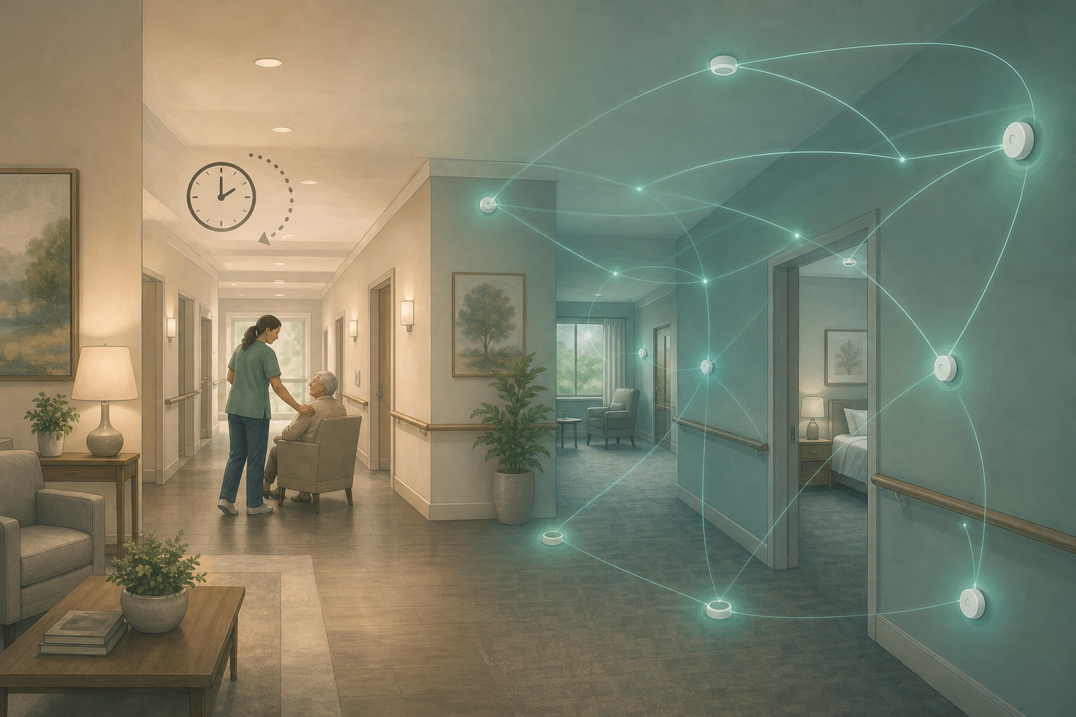 Editorial illustration: left side shows a softly rendered assisted living hallway with one staff member at a distance attending to a resident; right side shows small discreet sensor nodes on walls and ceiling emitting soft blue-green glow lines forming a gentle network pattern extending into areas the staff member cannot reach.