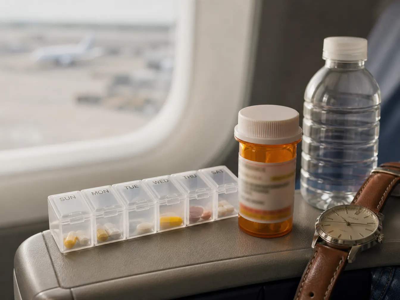 Weekly pill organizer, prescription bottle, wristwatch, and small bottle of water on an airport seat armrest