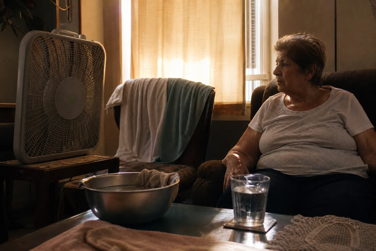 Older woman in a sun-warmed room with a box fan, bowl of water, washcloth, damp towels, and partly drawn curtains