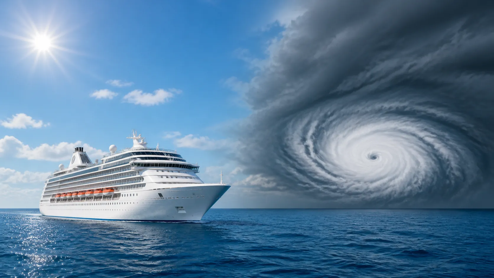 Cruise ship on calm water with a distant hurricane on the horizon