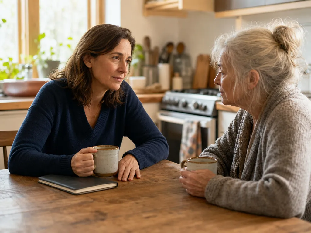 An adult daughter speaks gently with her elderly mother at a kitchen table